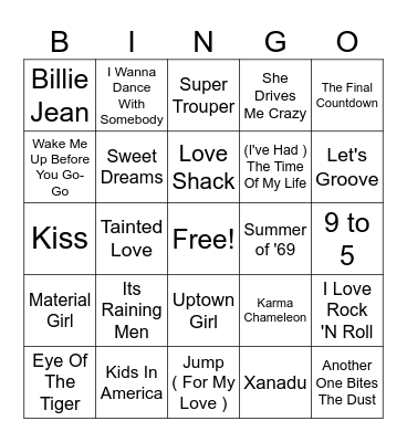 80's Hits Bingo Card