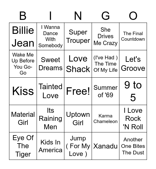 80's Hits Bingo Card