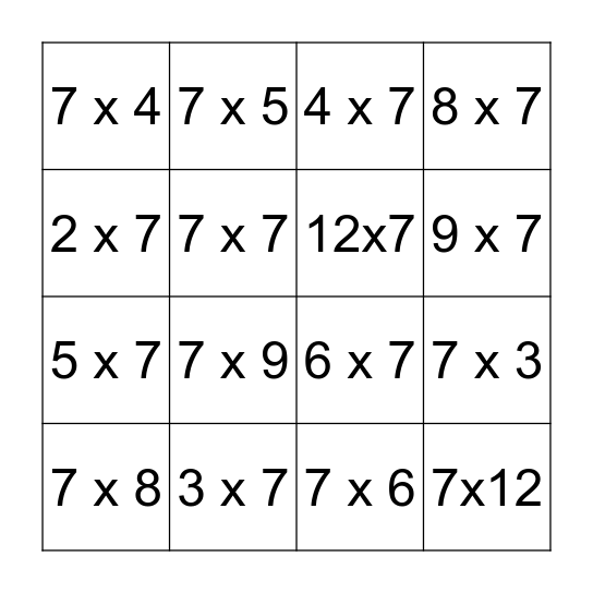 Math Facts - 7s Bingo Card