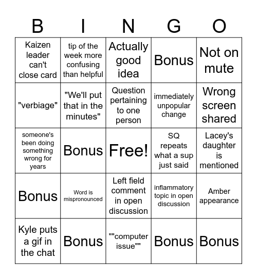 Kaizen/ORM huddle Bingo Card