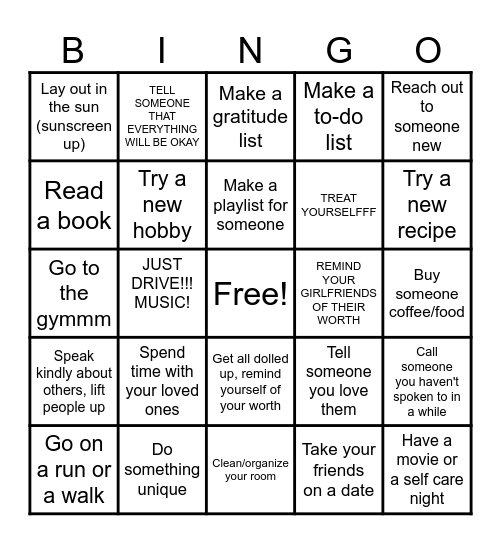 Kindness and Self Care Bingo Card