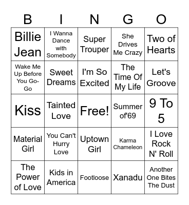 80's hits Bingo Card