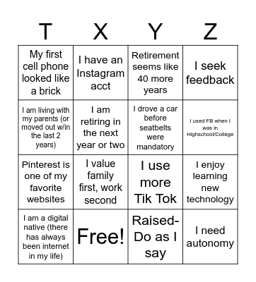 Multigenerational Bingo Card