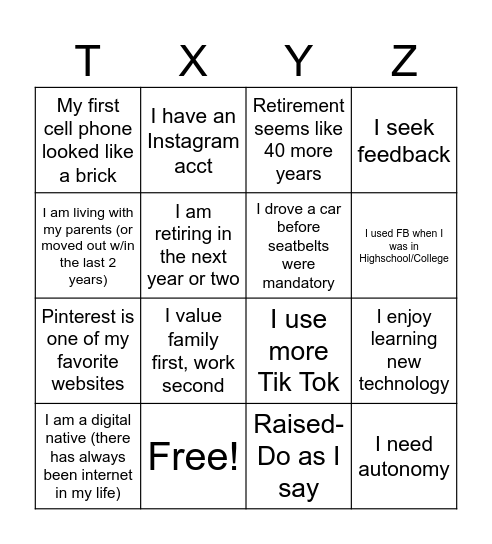 Multigenerational Bingo Card