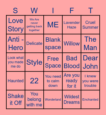 Taylor Swift BINGO BOARD Bingo Card