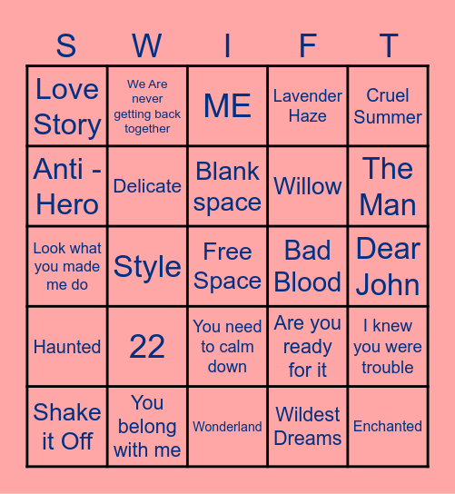 Taylor Swift BINGO BOARD Bingo Card