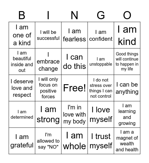 Self Affirmation Bingo Card
