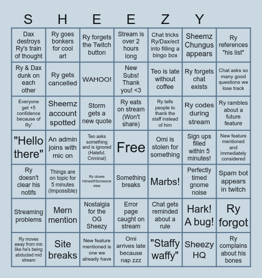Sheezy.Art Stream Bingo Card