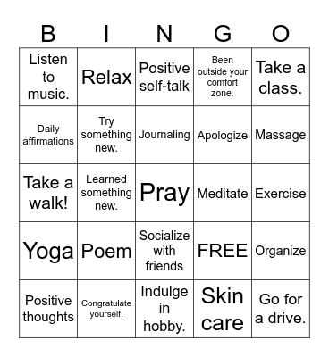 Personal Goals Bingo Card