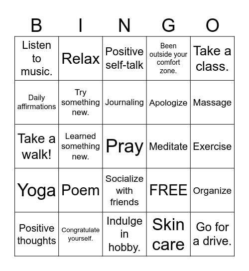 Personal Goals Bingo Card