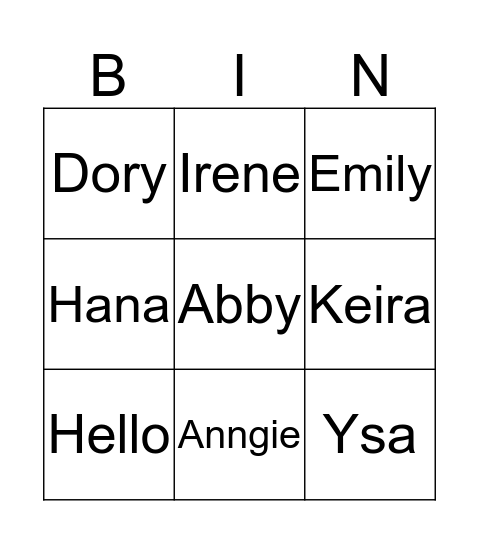 Hello names Bingo Card