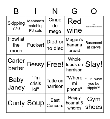 Roomie Bingo Card