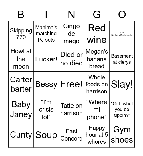 Roomie Bingo Card