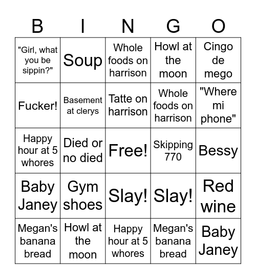 Roomie Bingo Card