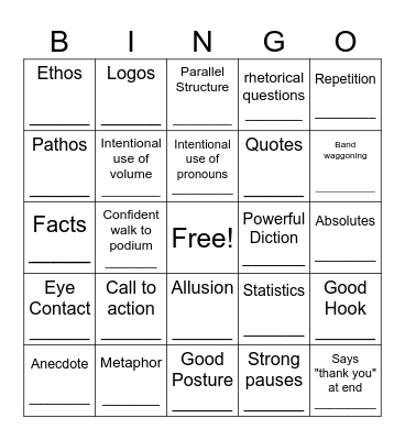 Persuasive Speech Bingo Card