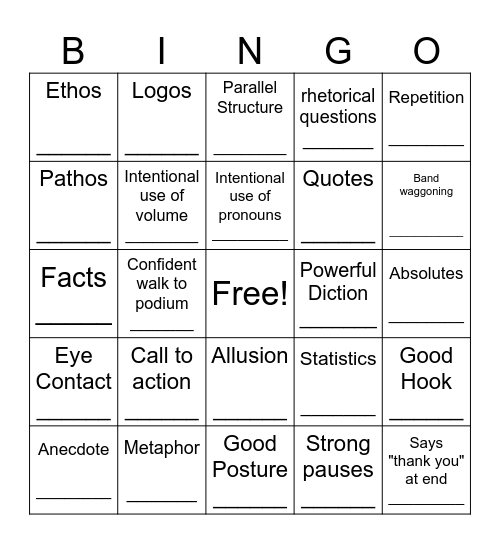 Persuasive Speech Bingo Card