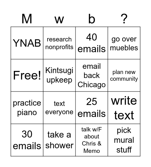 Thursday BINGO Card