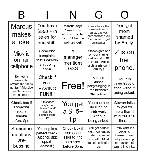 Cheddar's 2130 Bingo Card