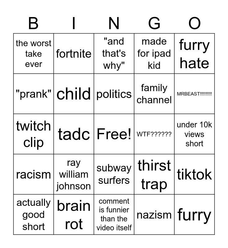 YT Shorts Bingo Card