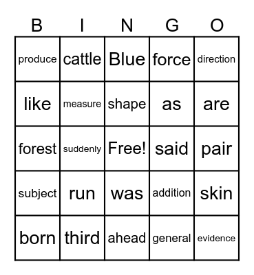 Basic Sight Words Bingo Card