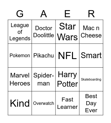 Gaer Bingo 3 Bingo Card