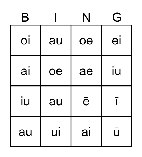 Māori Sounds Bingo Card