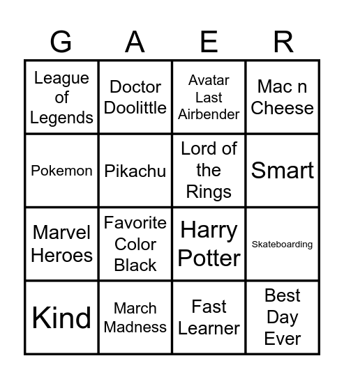 Gaer Bingo Card