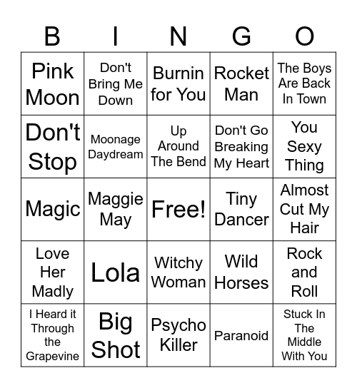 70's Mix Bingo Card