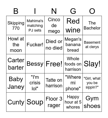 Roomie Bingo Card