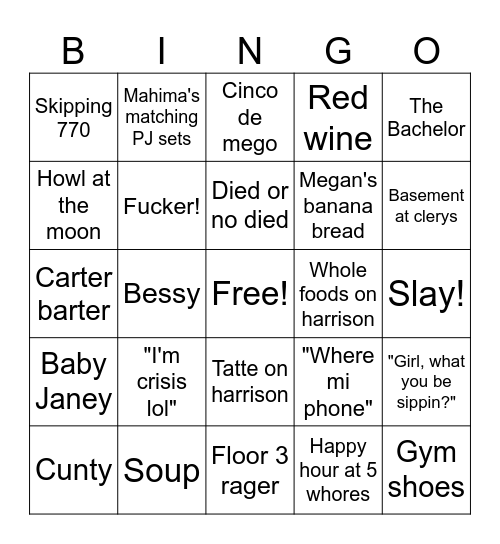 Roomie Bingo Card