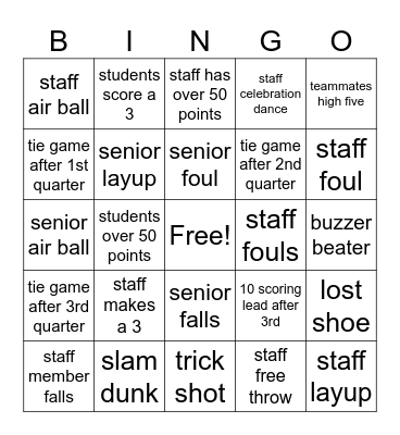 SENIORS VS STAFF Bingo Card