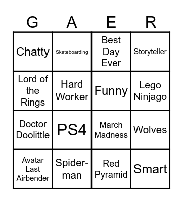Gaer Bingo Card