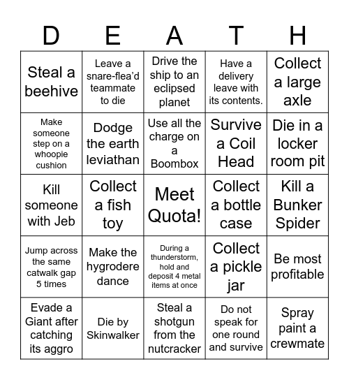 Lethal Company Bingo Card