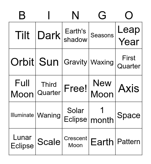 Earth, Moon and Sun Bingo Card