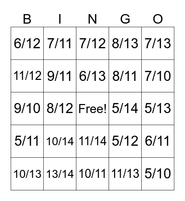 Sum of Fraction Bingo Card