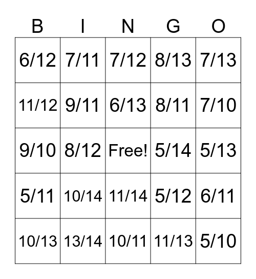 Sum of Fraction Bingo Card