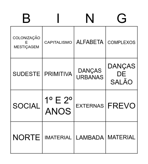 DANÇA E ESCOLA Bingo Card