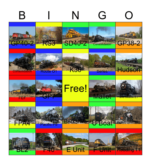 Today's Colorful Railroads and Kinds of Trains Bingo Card