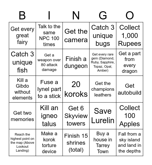 Zelda Bingo Card