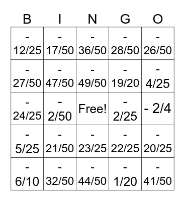 Percent Bingo Card