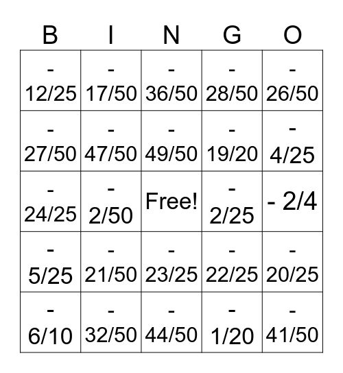 Percent Bingo Card