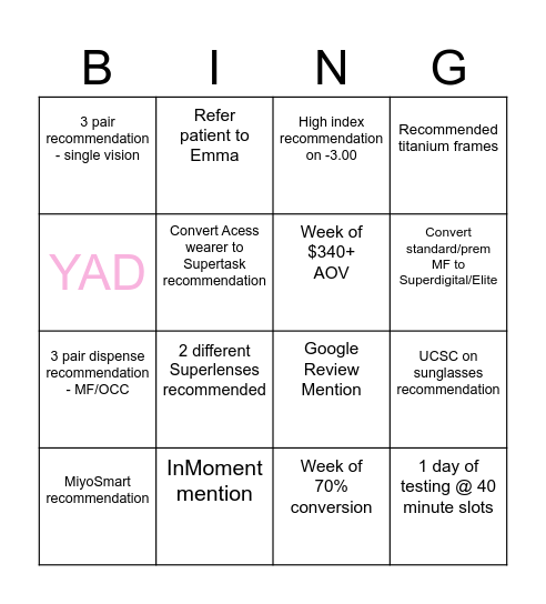 YAD'S SPECIAL INDIVIDUAL BINGO GAME Bingo Card