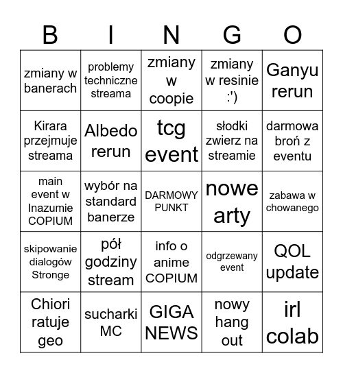 Genshin Livestream 4.5 BINGO! Bingo Card