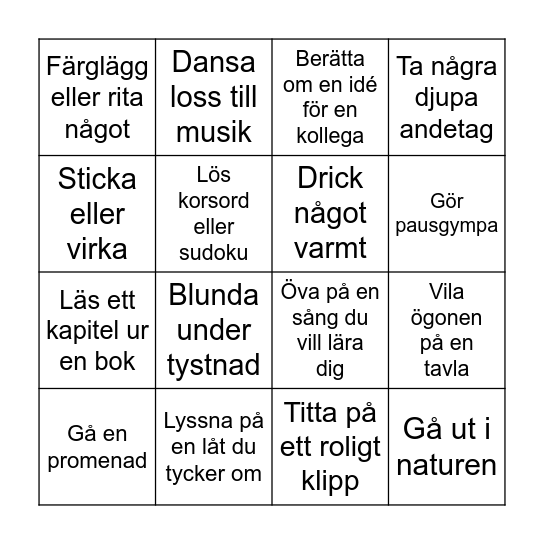 Återhämtning på jobbet Bingo Card