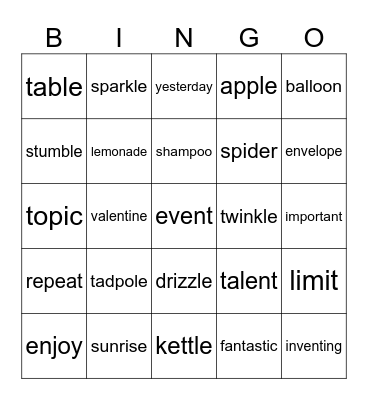 Syllable Division Bingo Card