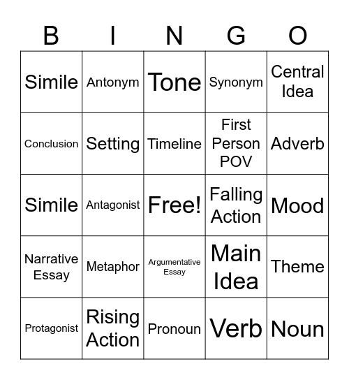 Middle School ELA Bingo Card