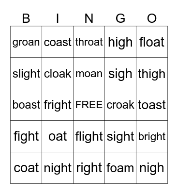 igh + oa vowel teams Bingo Card