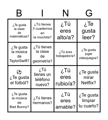 BINGO-REPASAR español I Bingo Card