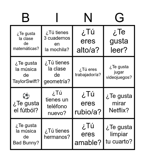 BINGO-REPASAR español I Bingo Card