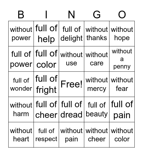 Suffix -full and -less Bingo Card